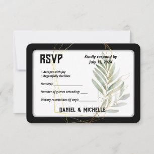 Modern Arched Black Gold Wedding Botanical Theme RSVP Card
