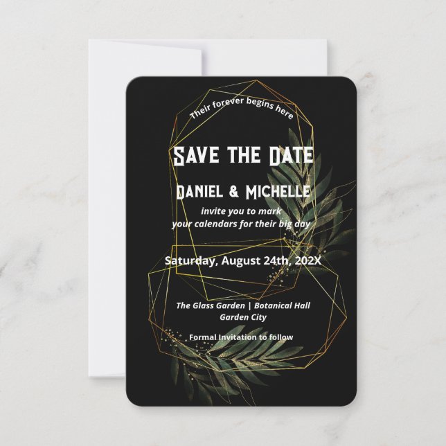 Modern Arched Black Gold Wedding Botanical Theme Save The Date (Front)