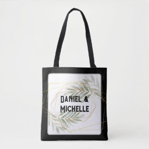 Modern Arched Black Gold Wedding Botanical Theme Tote Bag