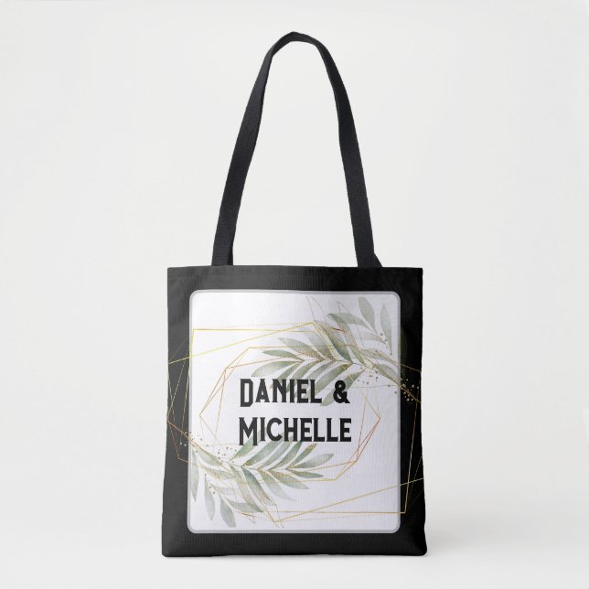 Modern Arched Black Gold Wedding Botanical Theme Tote Bag (Front)