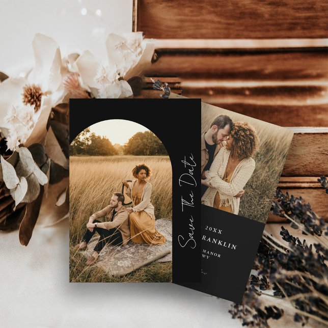 Modern Arched Frame Sage Wedding Black Photo    Save The Date (Creator Uploaded)