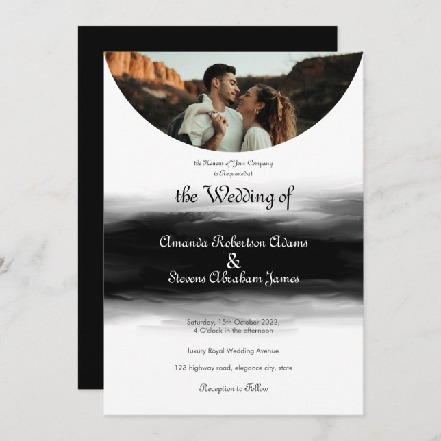 modern arched photo black brush stroke wedding invitation (Front/Back)