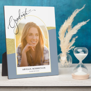 Modern Arched Photo Blue & Gold Graduation Plaque