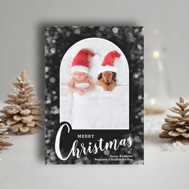 Modern Arched Photo on Black Christmas Holiday Card (Modern arched photo on black Merry Christmas holiday cards, PRINTED and/or INSTANT DOWNLOAD)