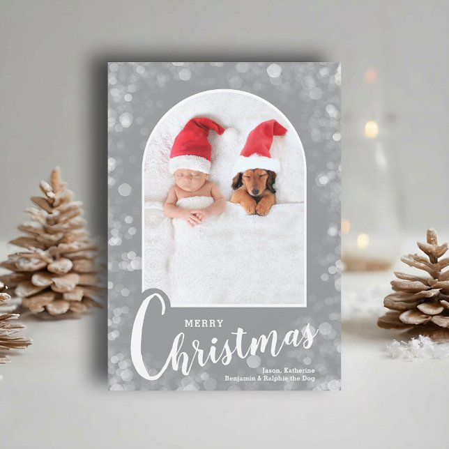 Modern Arched Photo on Grey Christmas Holiday Card (Modern arched photo on grey Merry Christmas holiday cards, PRINTED and/or INSTANT DOWNLOAD)