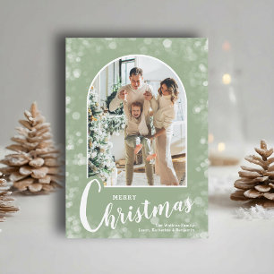 Modern Arched Photo on Sage Green Christmas Holiday Card