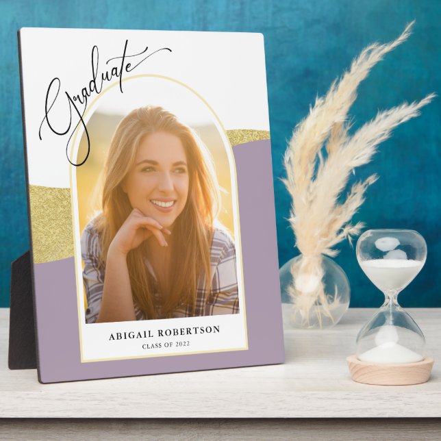 Modern Arched Photo Purple & Gold Graduation Plaque (Side)