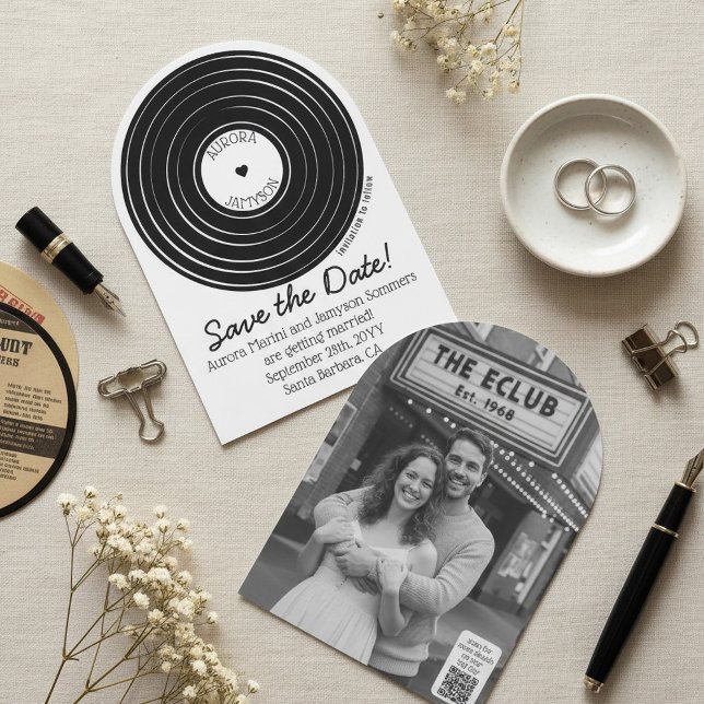 Modern Arched Photo Vinyl Record Save the Date (Modern vinyl record illustration wedding save the date. Your names on the label and full photo)