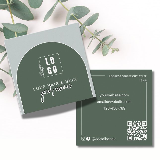 Modern Arched Qr Code Logo Forest Green Square Business Card (Creator Uploaded)
