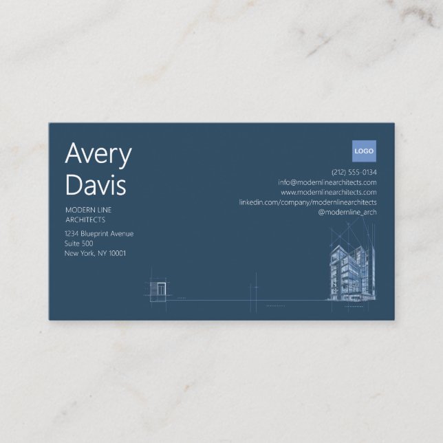 Modern Architect Navy & White Minimalist Blueprint Business Card (Front)