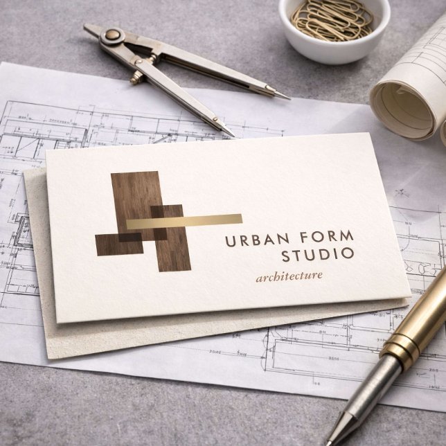 Modern Architect Wood Logo Ivory Business Card (Creator Uploaded)