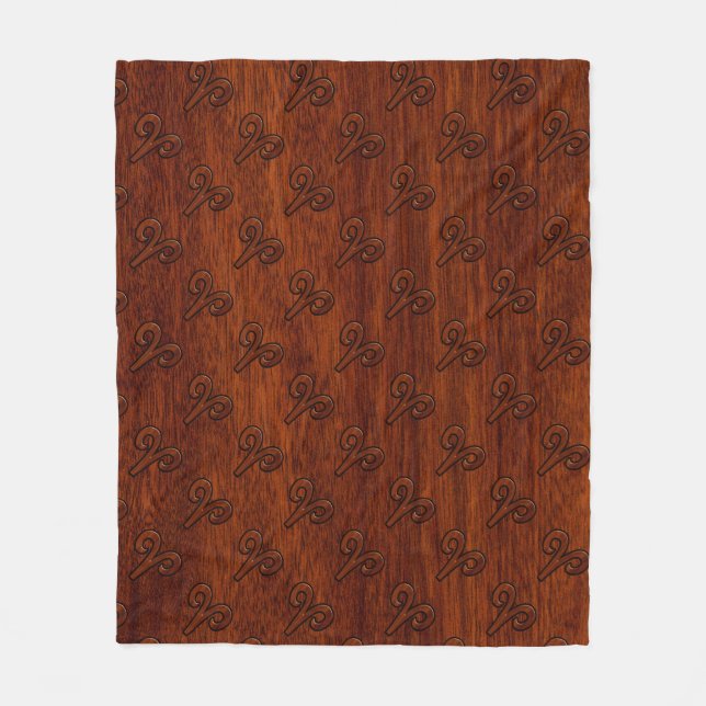 Modern Aries Zodiac Symbol in Mahogany like print Fleece Blanket (Front)