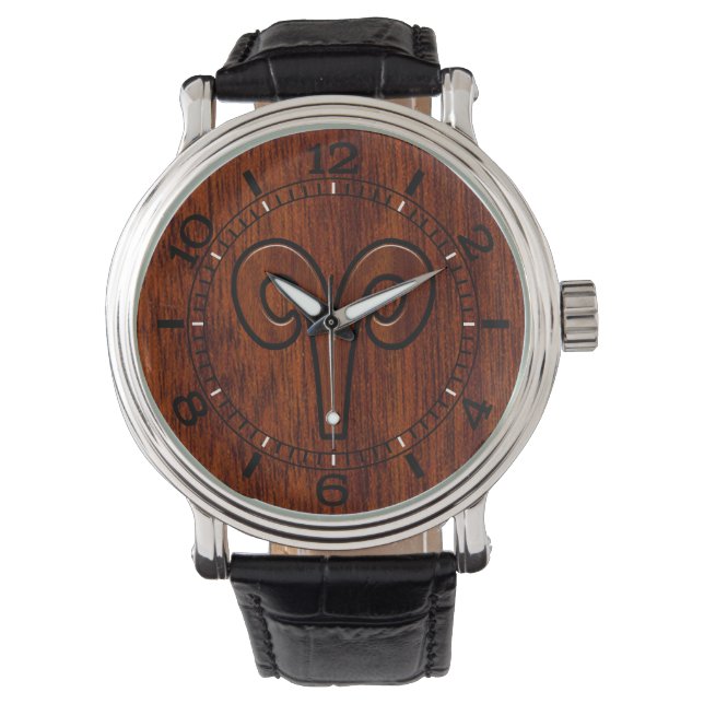 Modern Aries Zodiac Symbol Mahogany like Dial Watch (Front)