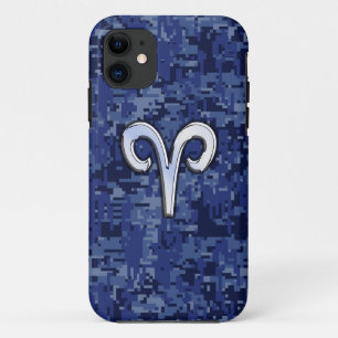 Modern Aries Zodiac Symbol Navy Blue Digital Camo iPhone 11 Case