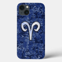 Modern Aries Zodiac Symbol Navy Blue Digital Camo