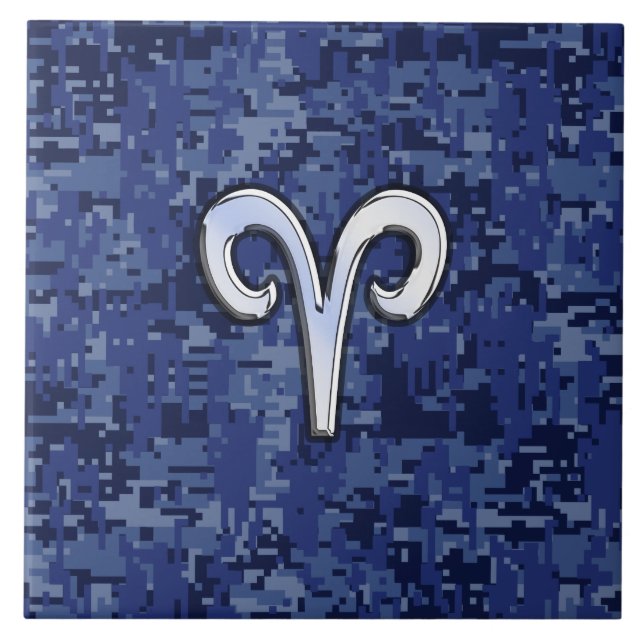 Modern Aries Zodiac Symbol Navy Blue Digital Camo Ceramic Tile (Front)