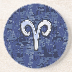 Modern Aries Zodiac Symbol Navy Blue Digital Camo Coaster