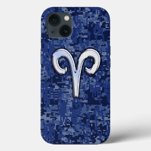 Modern Aries Zodiac Symbol Navy Blue Digital Camo iPhone Case