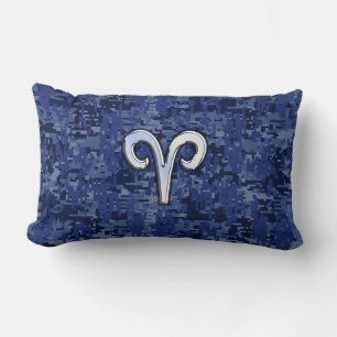 Modern Aries Zodiac Symbol Navy Blue Digital Camo Lumbar Cushion