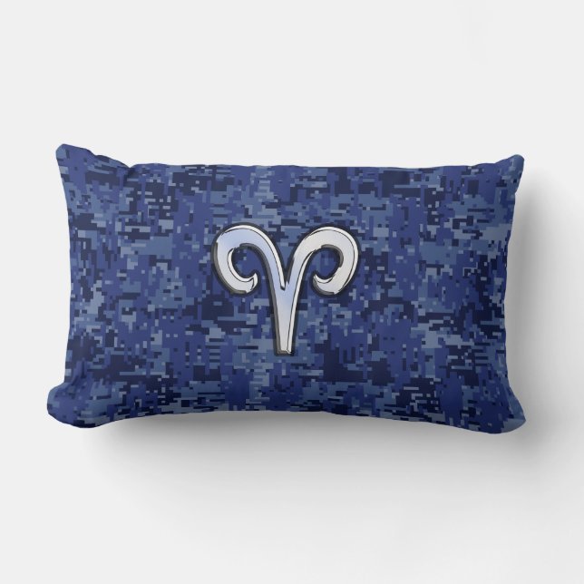 Modern Aries Zodiac Symbol Navy Blue Digital Camo Lumbar Cushion (Front)