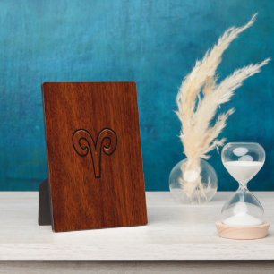 Modern Aries Zodiac Symbol on Mahogany like print Plaque