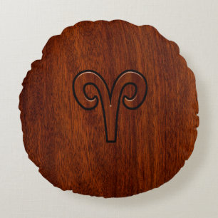 Modern Aries Zodiac Symbol on Mahogany like print Round Cushion