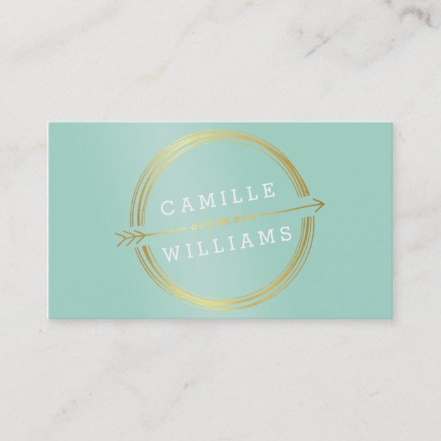 MODERN ARROW LOGO gold foil rustic hand drawn mint Business Card (Front)