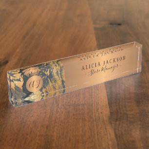 Modern art abstract pattern black gold monogrammed nameplate