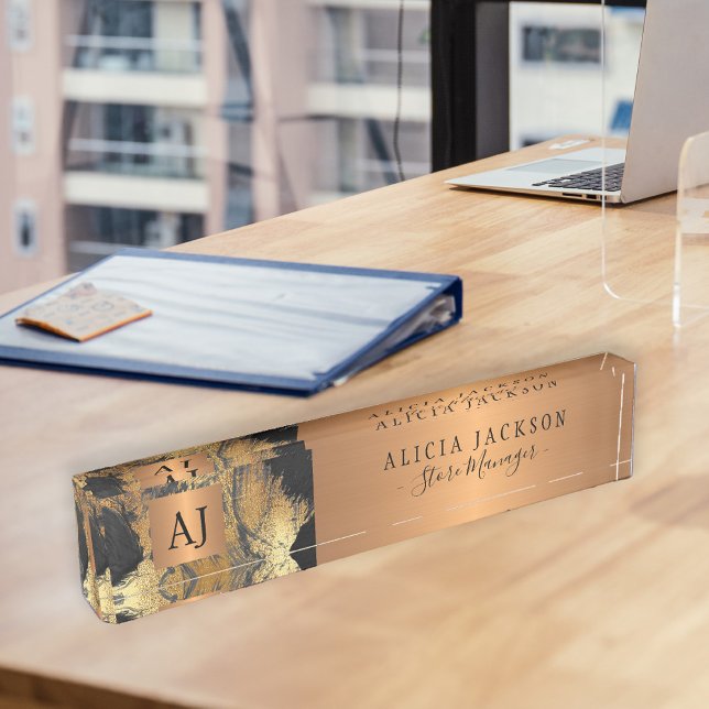 Modern art abstract pattern black gold monogrammed nameplate (Creator Uploaded)