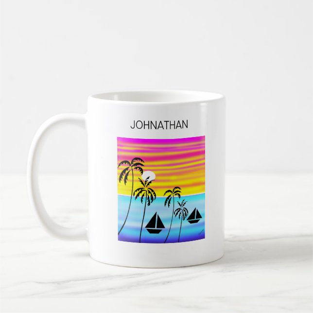 Modern Art Awesome Tropical Sunset Sailing Coffee Mug (Left)