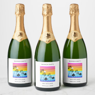 Modern Art Awesome Tropical Sunset Sailing Sparkling Wine Label