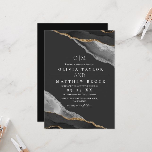 Modern Art  Black and Grey Silver Agate Wedding Invitation (Front/Back In Situ)