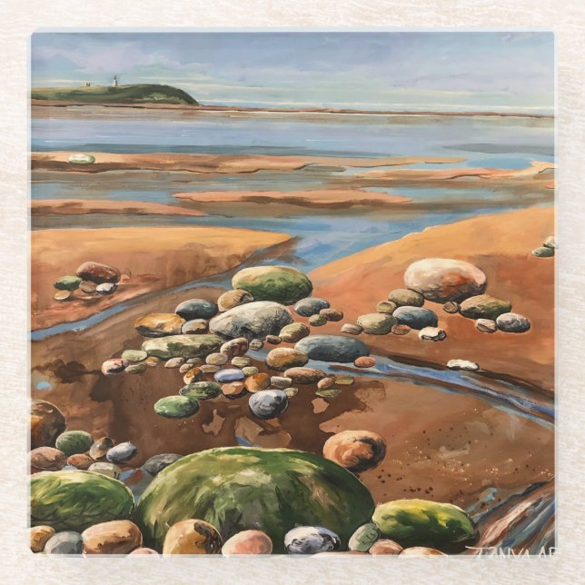 Modern Art Blues/ Browns Tides Out Seascape Glass Coaster (Front)