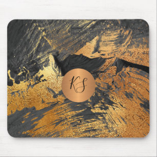Modern art brush strokes black gold monogrammed mouse pad
