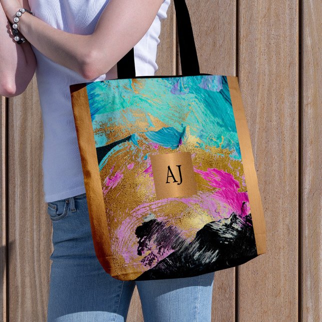 Modern art brush strokes black gold monogrammed tote bag (Creator Uploaded)