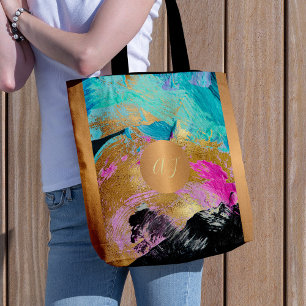 Modern art brush strokes blue gold monogrammed tote bag