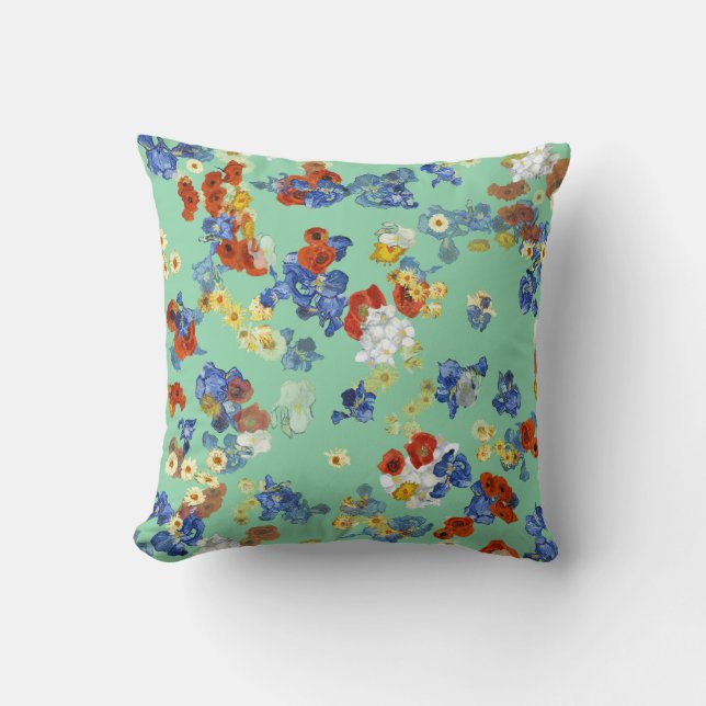 Modern Art Colourful Blue Red Flowers Sage Green Cushion (Front)