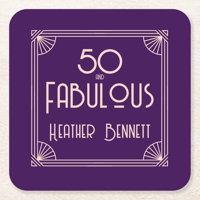 Modern Art Deco 50 and Fabulous Birthday Square Paper Coaster (Front)