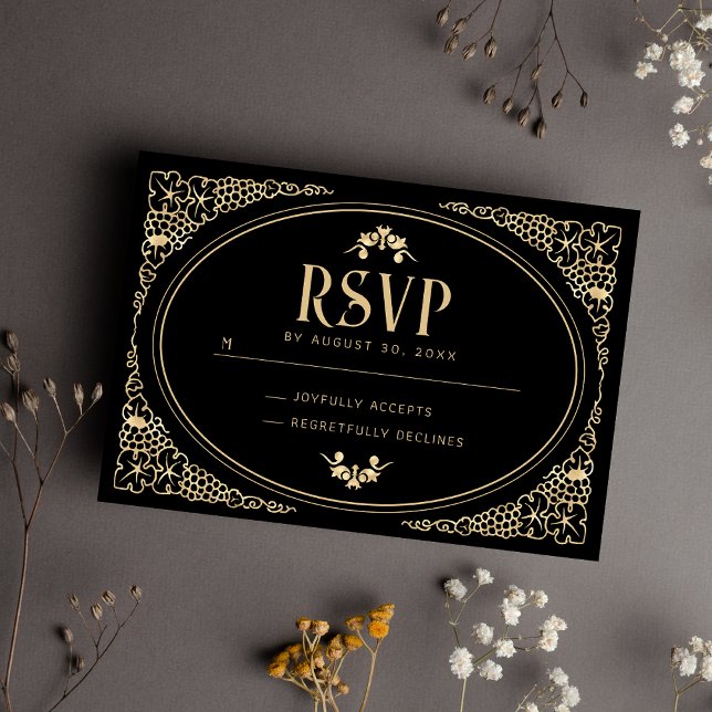 Modern Art Deco Black and Faux Gold RSVP Card (Creator Uploaded)