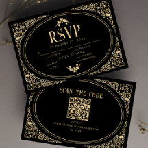Modern Art Deco Black and Faux Gold RSVP QR Code