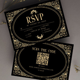 Modern Art Deco Black and Faux Gold RSVP QR Code Card