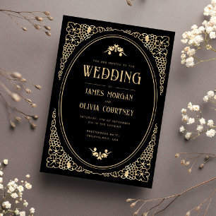 Modern Art Deco Black and Gold Wedding Invitation