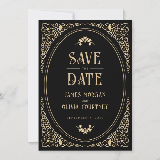 Modern Art Deco Black and Gold Wedding Save The Date (Front)