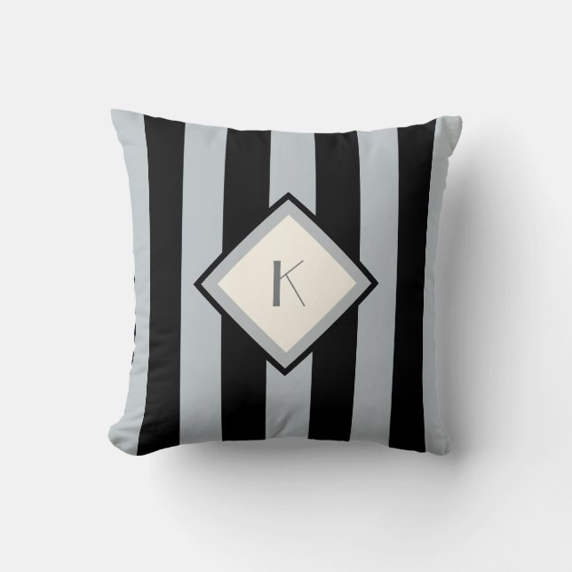 Modern Art Deco Black and Silver Stripes Monogram Cushion (Front)