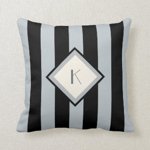 Modern Art Deco Black and Silver Stripes Monogram Cushion