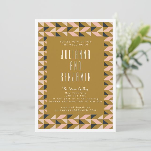 Modern Art Deco Black Blush Gold Wedding Invitation (Standing Front)