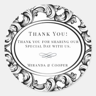 Modern Art Deco Black Foliage Wedding Thank You Classic Round Sticker