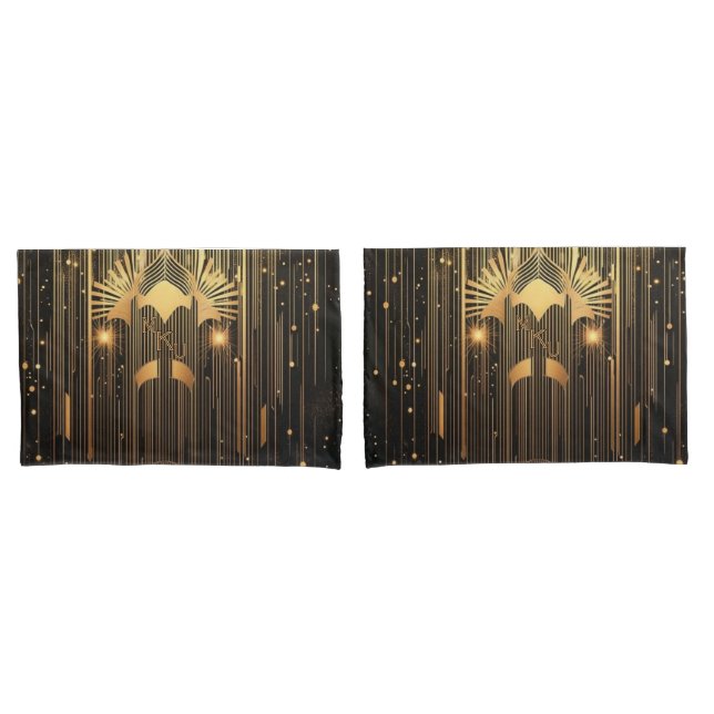 Modern Art Deco Black Gold Egyptian Art-inspired Pillowcase (Front-Set)