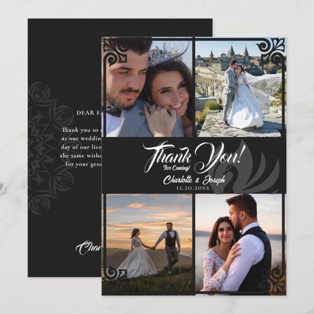 Modern Art Deco Black Swan 4 Photo Wedding Thank You Card (Front/Back)