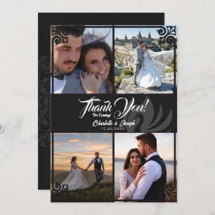 Modern Art Deco Black Swan 4 Photo Wedding Thank You Card